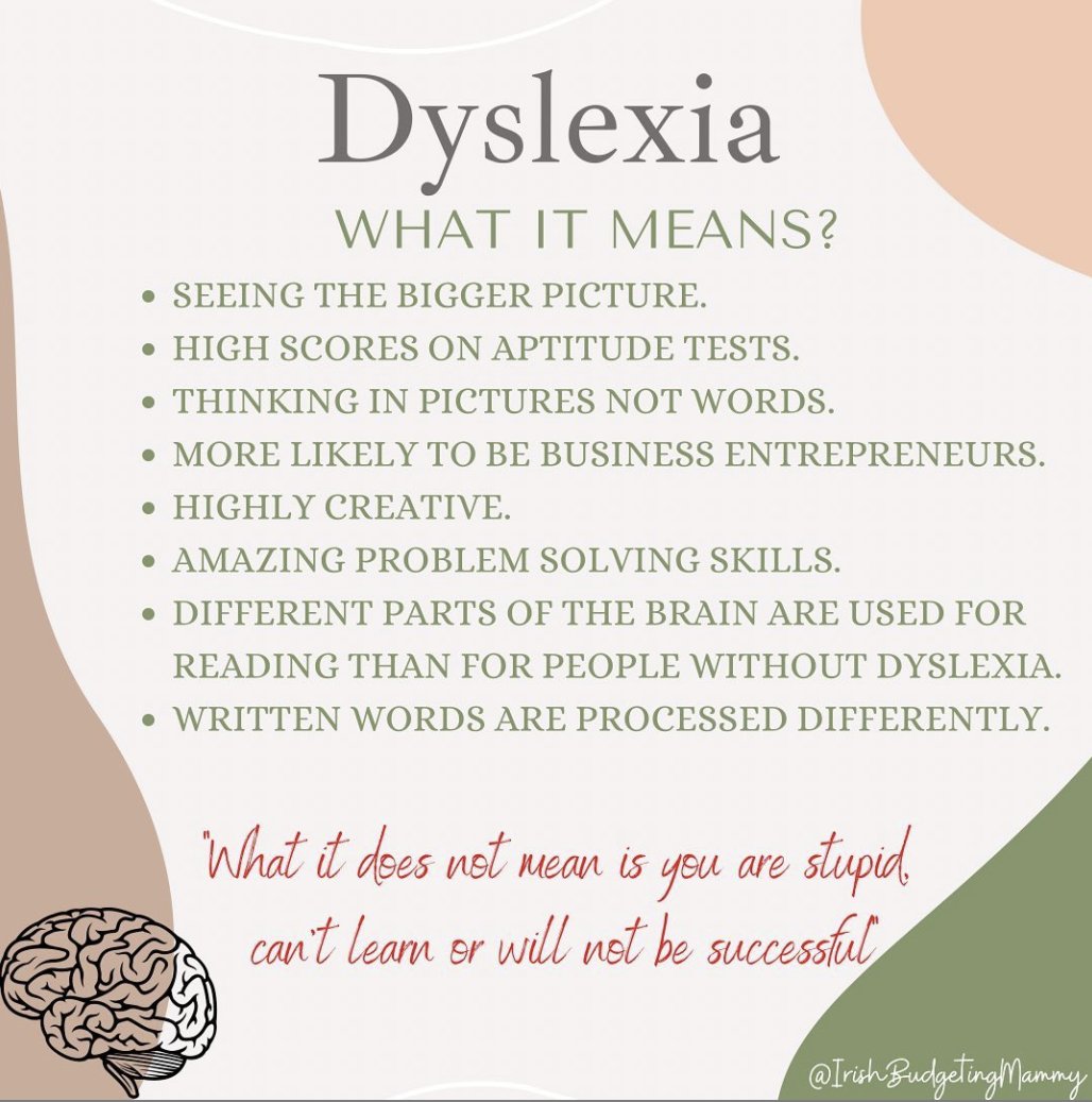 ConnectDyslexia's tweet photo. "Dyslexia: What It Means". Many kids and adults with dyslexia are highly intelligent, creative, and great at thinking outside the box! Thanks to Irish Budgeting Mommy for the graphic. #Dyslexia #ADHD #Dysgraphia https://t.co/ynmpCG6Dlb