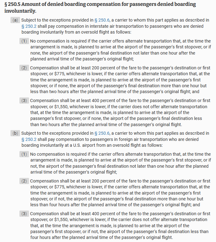 NoirTheSable's tweet photo. @bluecentric For anyone curious, the citation is 14 CFR § 250.5. It's actually AT LEAST $1,550 (or 4x one-way) and it applies if the airline can't find y'all an alternative flight/means that gets there without an >2hr (domestic) or >4hr (int'l) delay

https://t.co/elY9XezSku https://t.co/gA5E3Ui87e