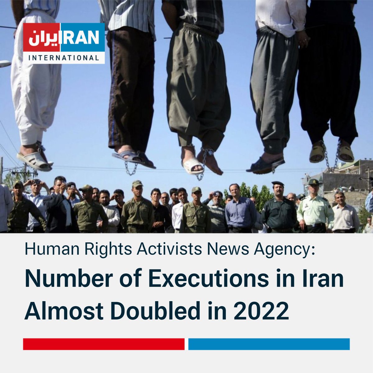 IranIntl_En's tweet photo. A new report by @hra_news on the human rights situation in Iran indicates in comparison with the previous year, the number of executions increased by over 88 percent in 2022.
https://t.co/1TuzpbKrCQ https://t.co/UmNZS10EV9