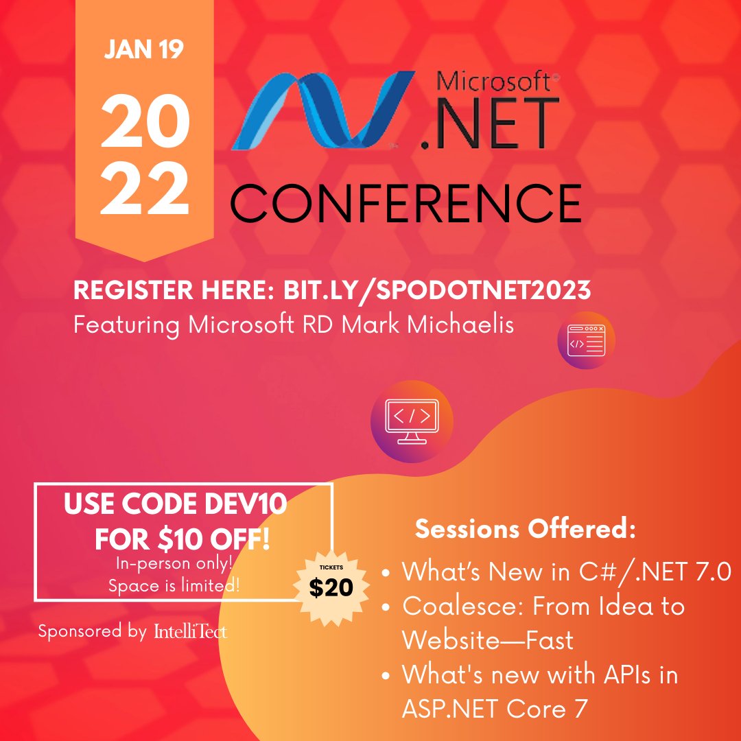 IntelliTect's tweet photo. Join us at the .NET Conference on January 19, 2023, in the IntelliTect office to gain expert advice from local industry experts. The half-day event features 5 customizable sessions!

Buy your tickets on eventbrite: https://t.co/NHHSJl76HN

#dotnet #Microsoft https://t.co/AhBjktXeSp