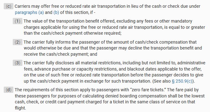 NoirTheSable's tweet photo. @bluecentric For anyone curious, the citation is 14 CFR § 250.5. It's actually AT LEAST $1,550 (or 4x one-way) and it applies if the airline can't find y'all an alternative flight/means that gets there without an >2hr (domestic) or >4hr (int'l) delay

https://t.co/elY9XezSku https://t.co/gA5E3Ui87e