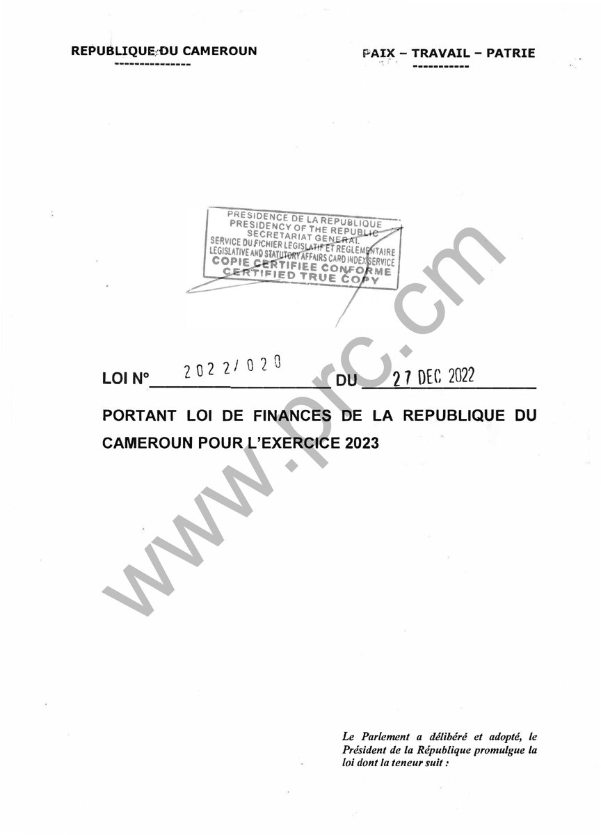 PR_Paul_BIYA's tweet photo. Loi de finances de la République du Cameroun pour l'exercice 2023.

L'intégralité du texte: https://t.co/mUGalIGzSi

#PaulBiya
#Cameroun https://t.co/u1rM92scul