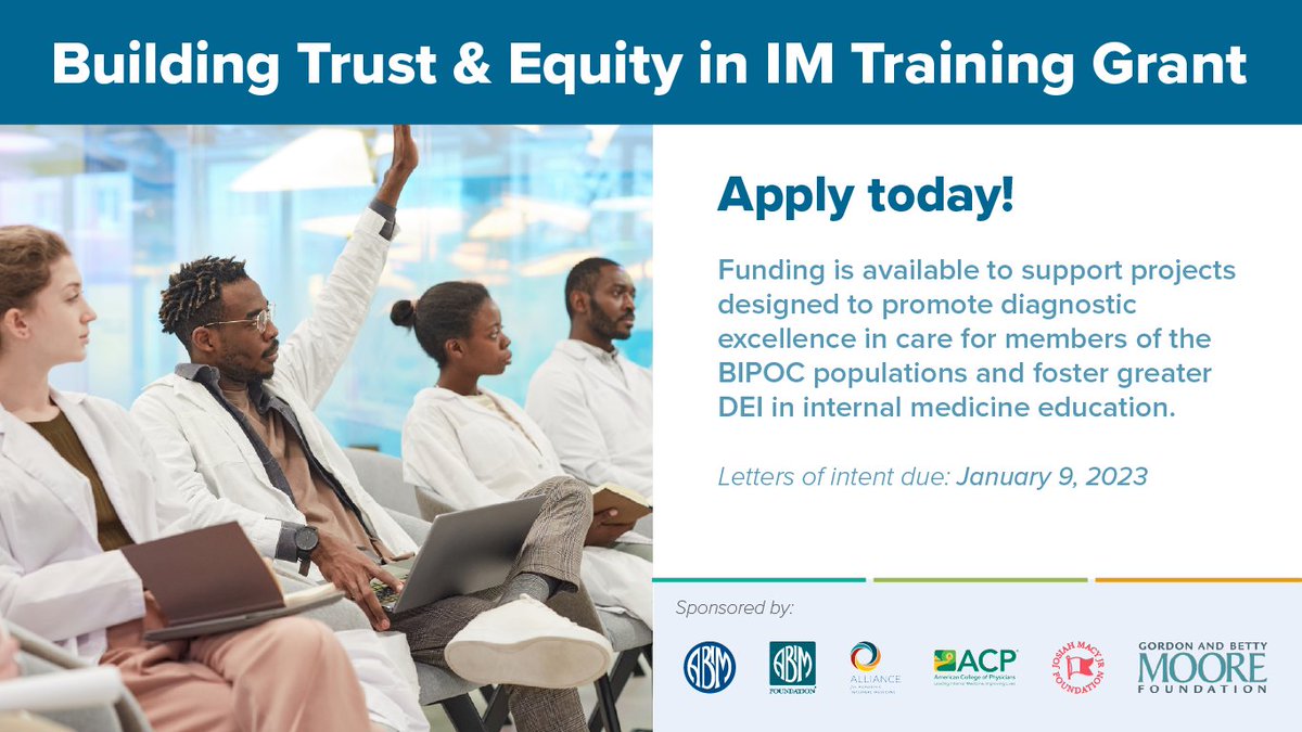 ABIMFoundation's tweet photo. Last year $400k was awarded 24 projects at medical schools and training programs to support DEI among #InternalMedicine residents, students & faculty members. Submit your LOI for a new round of funding by 1/9: https://t.co/qNIjbYdmKq #DiversityInHealthcare #DEIGrantProgram https://t.co/F2y87wymBU