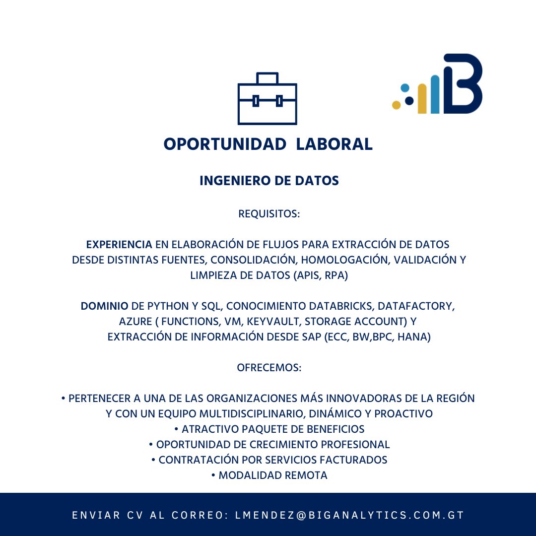 BigAnalyticsGT's tweet photo. ¡Únete a nuestro equipo!
Empresa innovadora del sector retail te está buscando!
#ingenierodedatos #dataengineer #retail https://t.co/NuhIAt3SqH