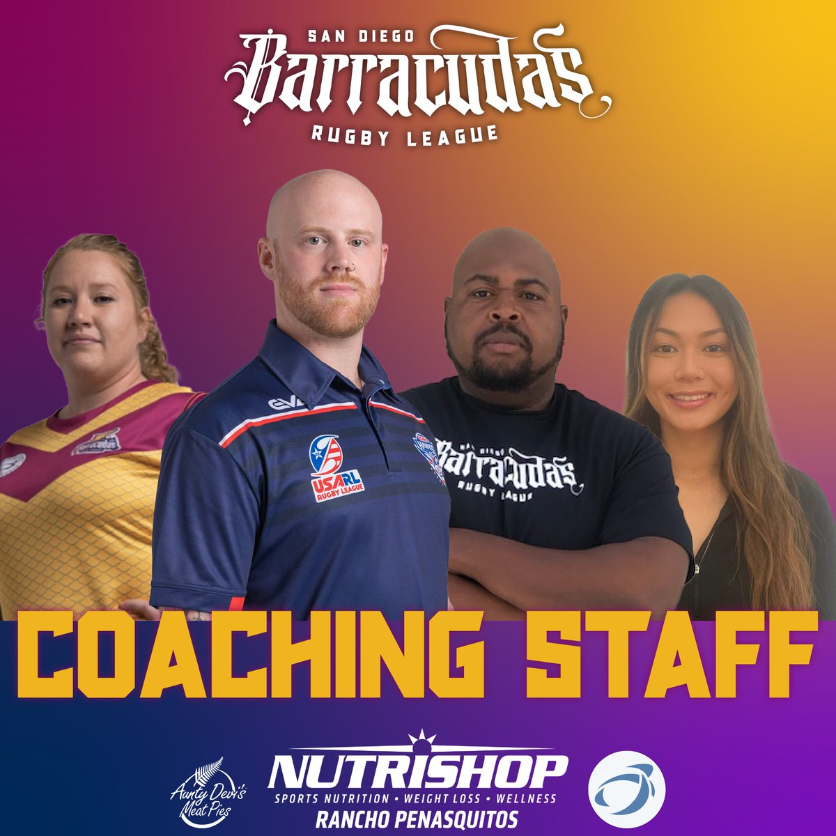 SD_Barracudas's tweet photo. 🚨 ANNOUNCEMENT 🚨

Meet the San Diego Barracudas coaching roster for 2023! Head Coach Ben will be joined by Club Nutritionist Amber, S&amp;C Coach Arnell, and Performance Analyst Lina.

#rugbyleague #rugby #sandiego #cudasmakingwaves 

https://t.co/Kvw7WZT7Sg https://t.co/DPmC7W8rMp