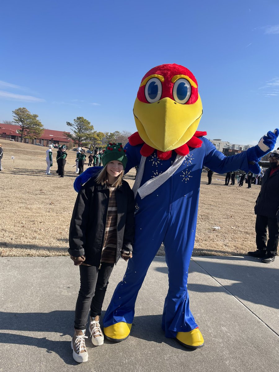 tylhamilton's tweet photo. We’re riding in the Liberty Bowl Parade at 2 
The @KUAthletics mascot is dressed at Elvis #MemphisAF https://t.co/ePe4FdfjxJ