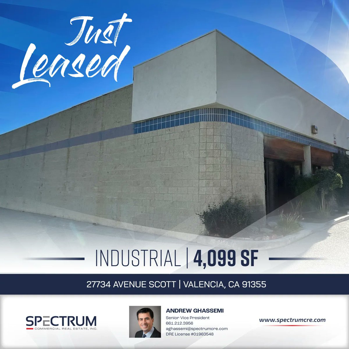 #JUSTLEASED: 4,099 SF Industrial Building in #Valencia, CA.  #Congratulations Andrew Ghassemi! 
.
.
.
#SpectrumCRE | #CRE |  #CommercialRealEstateBrokerage  | #Leased | #Industrial | #RealEstateNews | #CommercialRealEstateAgents | #CREAgent | #Broker | #Tradedla |