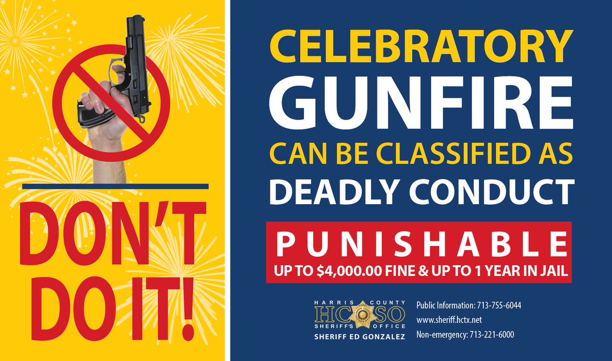 Celebratory gunfire is dangerous and could lead to the loss of an innocent life. It can be classified as deadly conduct, an offense that can carry a punishment of up to a $4,000 fine or up to one year in prison. Please celebrate responsibly.