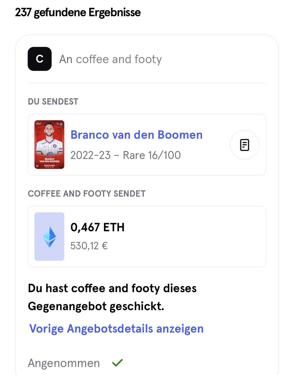 0,467 ETH = 530€ 🤝
Branco verkauft 🔥 

Meldet euch auch an: sorare.pxf.io/RykK0a