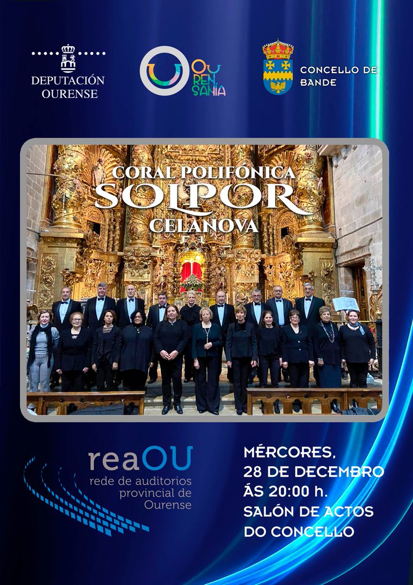 DeputacionOU's tweet photo. #reaOU Coral Polifónica Solpor de Celanova
Mércores 28 de decembro
20h
Concello de Bande https://t.co/xLsI1MRPbp