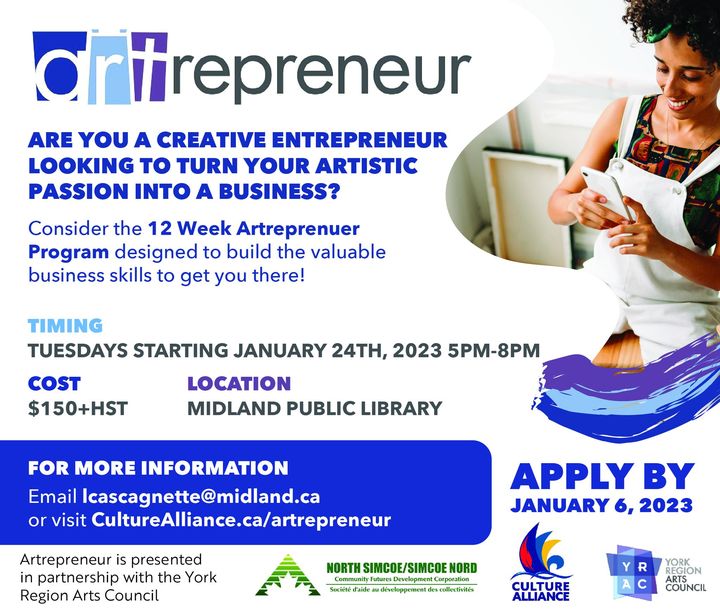 TIME IS RUNNING OUT! DEADLINE IS JANUARY 6, 2023! 
Artrepreneur is a multi-week program designed to help creatives gain the business skills needed to turn their passion into a business. 
Find out more at zcu.io/kARb 

#artrepreneur #entrepreneur #artists #northsimcoe