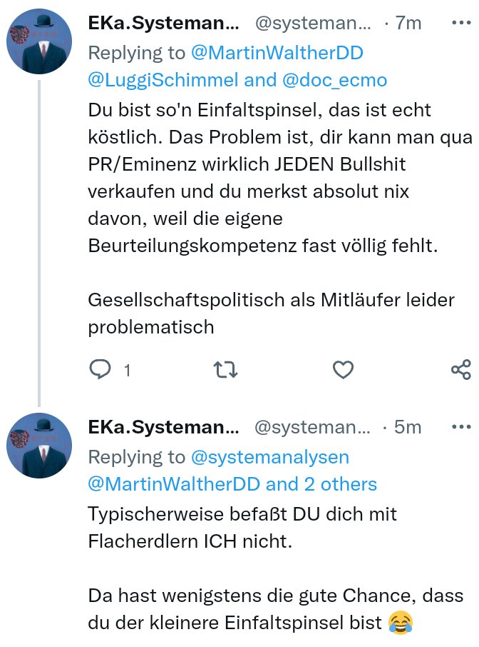 EKa.Systemanalysen (@systemanalysen) on Twitter photo Der freundliche <a href="/MartinWaltherDD/">Martin Walther #СлаваУкраїні</a> ist echt ein Gewinn für die FDP, zumindest auf ihrem Weg unter die 5% Hürde 😈
Ich hatte ihm schon versucht zu vermitteln, warum er ein so begeisterter "Flacherdler-Experte"™ ist, mit denen ich mich gar nicht befaße 😂 Der freundliche <a href="/MartinWaltherDD/">Martin Walther #СлаваУкраїні</a> ist echt ein Gewinn für die FDP, zumindest auf ihrem Weg unter die 5% Hürde 😈
Ich hatte ihm schon versucht zu vermitteln, warum er ein so begeisterter "Flacherdler-Experte"™ ist, mit denen ich mich gar nicht befaße 😂