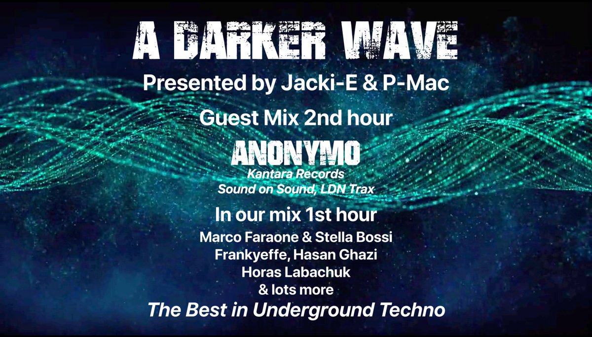 adarkerwave's tweet image. This week&apos;s @adarkerwave #410 with @jackiepalmer &amp;amp; P-Mac is now on Soundcloud soundcloud.com/adarkerwave/41…
Guest mix 2nd hr @AnonymoDJ 
In our mix 1st hr @MarcoFaraone @FRANKYEFFE @horaslabachuk @JPLantieri @inthekeyofshe
@gustavoluyz @_edwardteach @rwbelmusic @arnaudletexier
