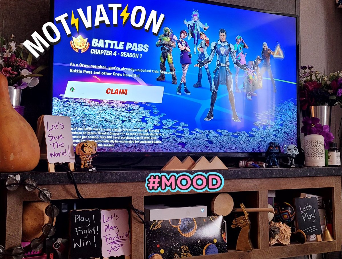 RunningWater's tweet photo. Finally my new #XboxSeriesS has finished downloading #Fortnite! #Woohoo. Got my area set up to cheer me on to "#PlayFightWin" with my little musical instruments (see my #Llamabell) to have some intermission fun. ๐ https://t.co/qFyH7lVwi9