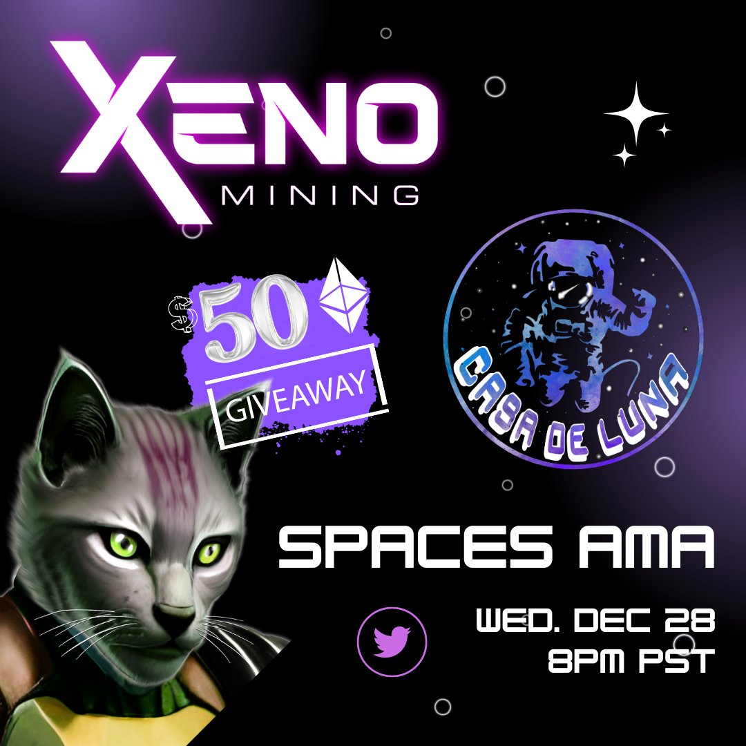 Join us for an upcoming AMA! 
We're Giving away $50 in ETH

Come learn about @CasaDeLunaNFT and the @dogfaceNFT
 mining project! @XenoMining 

Wed. Dec 28 8PM PST
 See you there!
x.com/i/spaces/1PlKQ…

#dogfaceNFT #BTCMining #Kadena #Dogecoin #DFA #CasaDeLuna