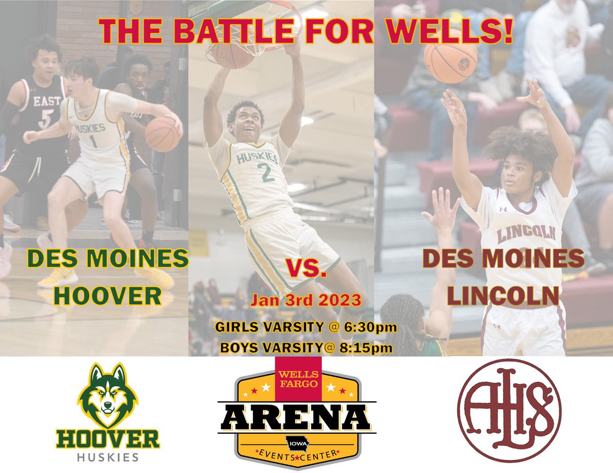 MARK YOUR CALENDAR! DO NOT MISS THIS!!!!

Jan. 3rd 2023 <a href="/iowa_alliance/">Iowa Alliance Conference</a> <a href="/RAILSHoops/">Des Moines Lincoln Basketball</a> <a href="/HooverHuskies/">Hoover High</a> <a href="/LHSrails/">Lincoln High School</a> <a href="/HooverHuskies/">Hoover High</a> 

Girls Varsity 6:30pm
Boys Varsity 8:15pm

TICKETS ONLINE HERE: offer.fevo.com/iowa-high-scho…