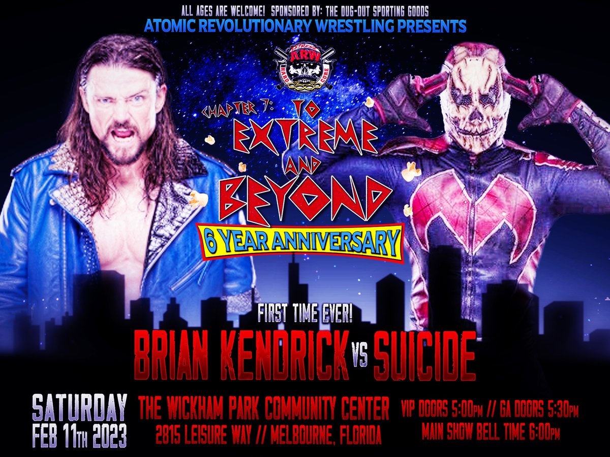 WrestlingAtomic's tweet photo. The 1st official match announcement for ARW's Historic 6 Year Anniversary show on Saturday February 11th in Melbourne Florida is a big one!  @mrbriankendrick vs. SUICIDE. This will be an absolute show stealer. Tickets at the link below:

https://t.co/4h080GKOZI https://t.co/iCTM8wMgtl