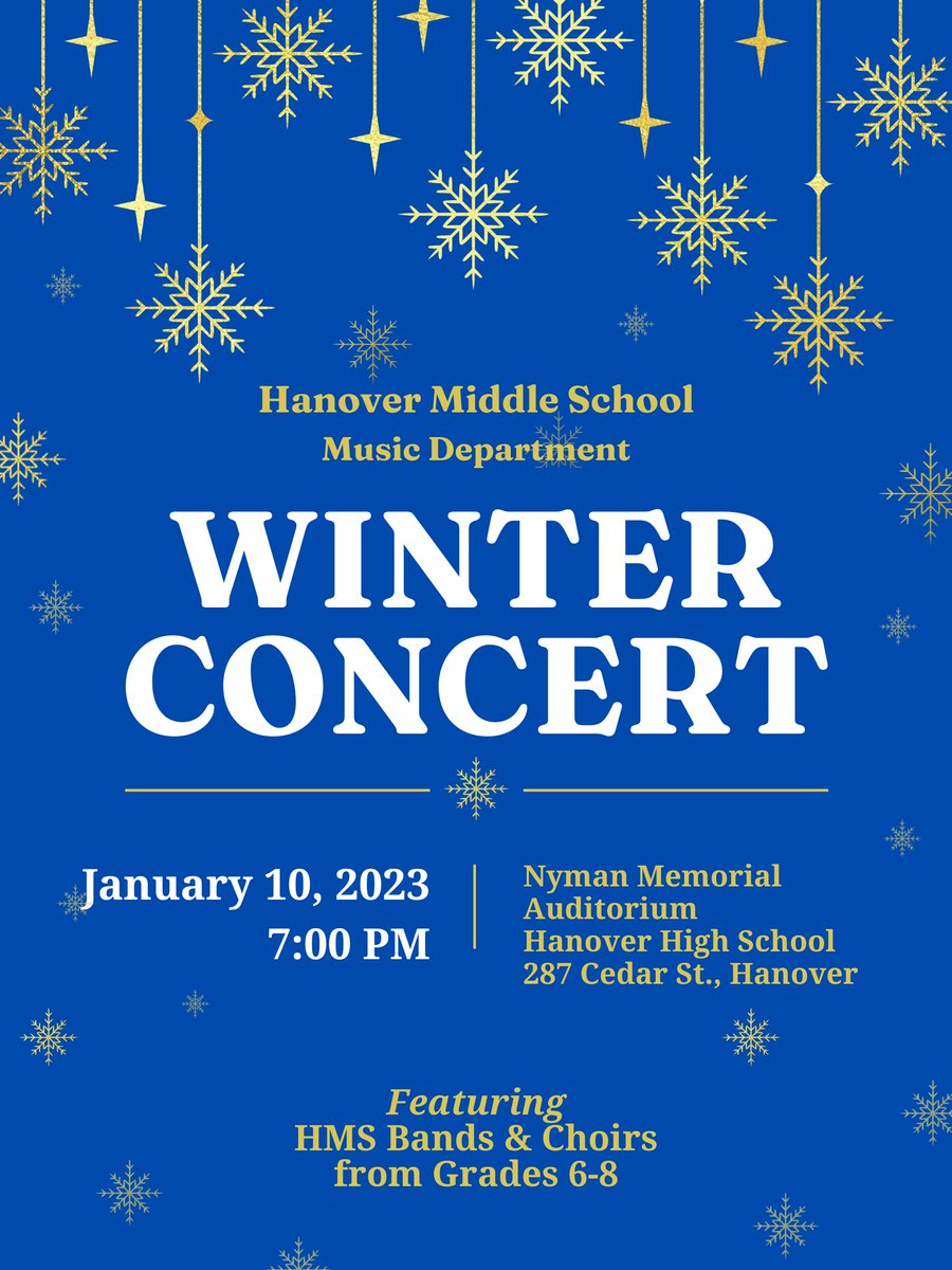 Join us on January 10th for a Winter Concert! The Hanover Middle School Bands and Choirs from grades 6-8 will perform, free admission. <a href="/hpsma/">Hanover Public Schools</a> <a href="/FHMT02339/">FHMT02339</a>