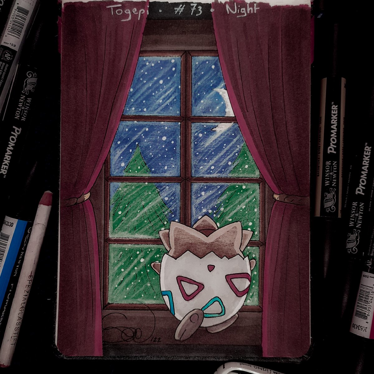 AtelierSarya's tweet photo. #Togepi 🌒 #Night
#PokeInk day 73 :
Un petit Togepi qui s'émerveille devant la neige !
#pokemon #pokemonart #pokemonfanart #pokemonfan #art #artwork #traditionalart #marker #markers #alcoholmarkers #fanart #illustration https://t.co/5hJ36OMWbr
