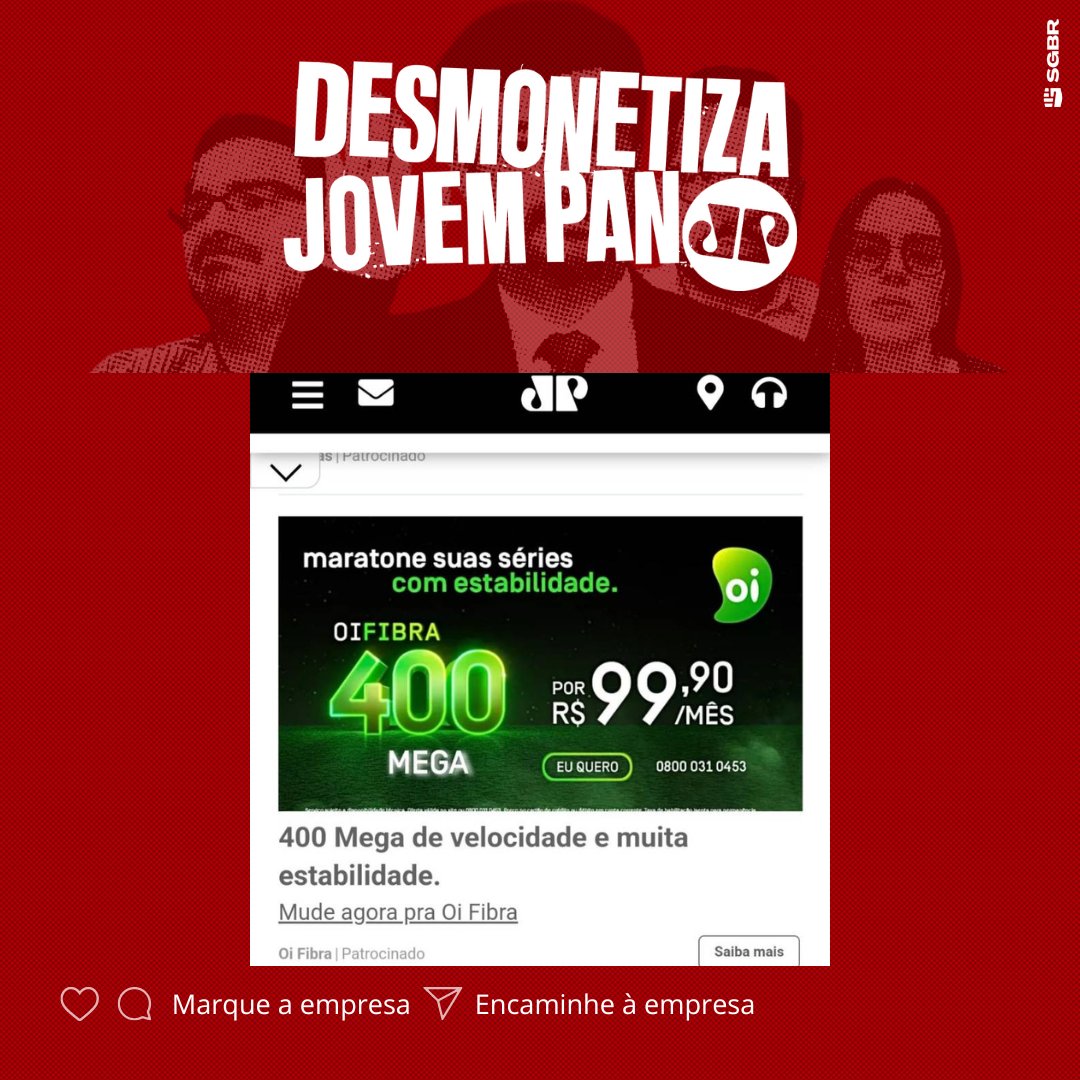 slpng_giants_pt's tweet photo. Oi @oi_oficial, tudo bem? Sua fibra ótica é demais, mas infelizmente não é legal usar essa internet veloz para ver seu anúncio no site da Jovem Pan que propaga discursos golpistas. Pfv, #DesmonetizaJP!

Marque a empresa para conscientizá-la👇🏽 https://t.co/zfQw19HZpz