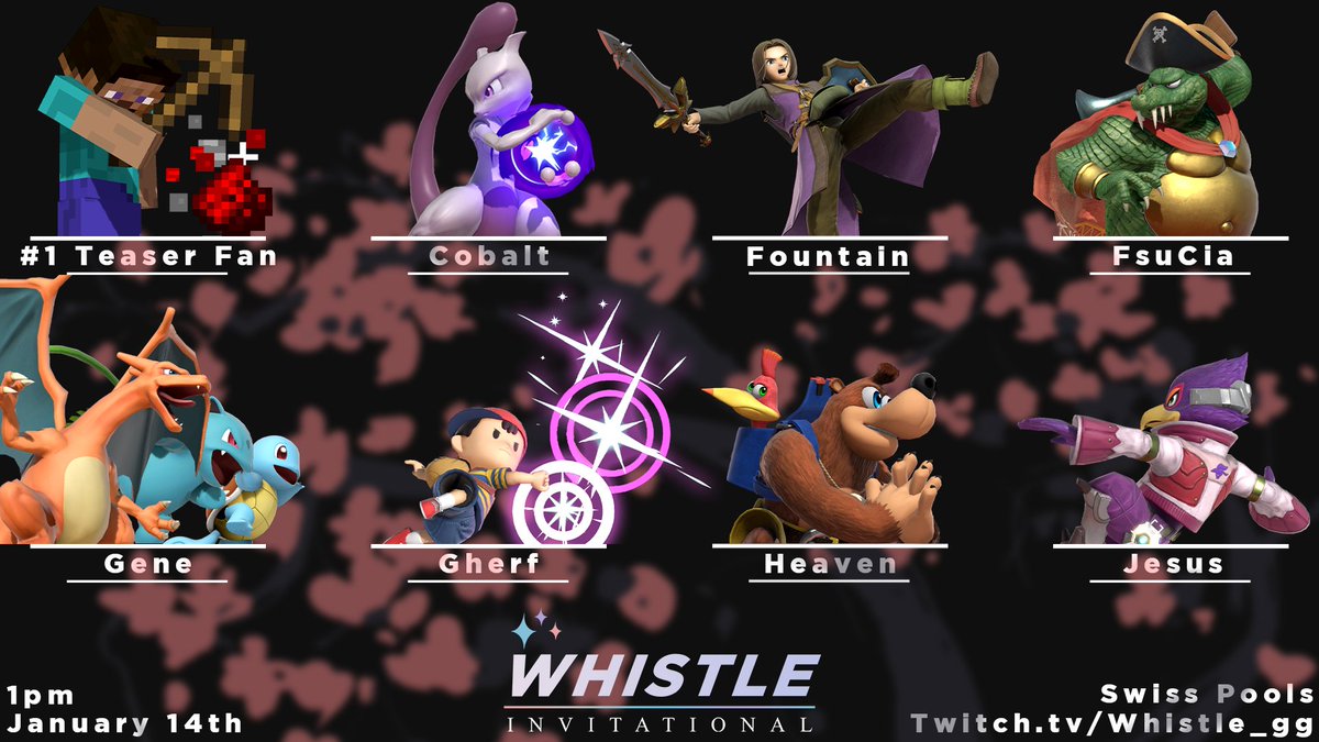 ChoiceScarf_'s tweet image. The first-ever Whistle Invitational will be happening on January 14th at 1pm.

It will be a swiss pools style bracket (similar to the Ludwig event) and top 8 will move onto a double elimination bracket!

Dont miss the stream!
Twitch.tv/whistle_gg