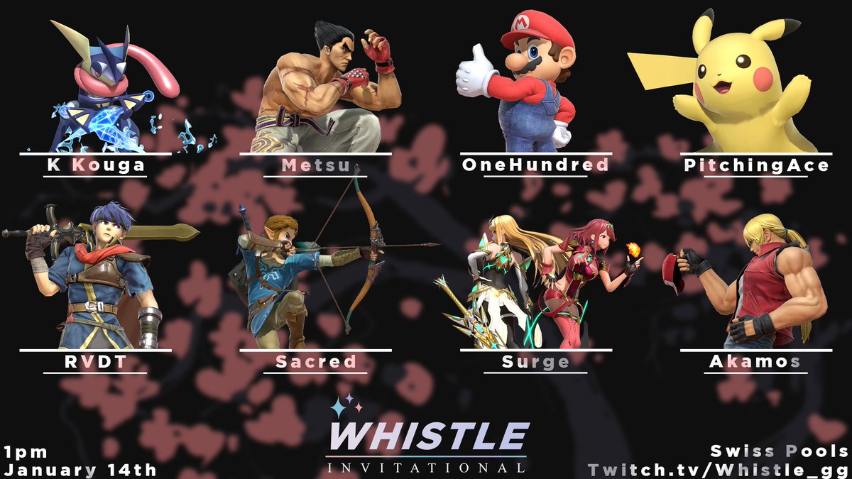 ChoiceScarf_'s tweet image. The first-ever Whistle Invitational will be happening on January 14th at 1pm.

It will be a swiss pools style bracket (similar to the Ludwig event) and top 8 will move onto a double elimination bracket!

Dont miss the stream!
Twitch.tv/whistle_gg