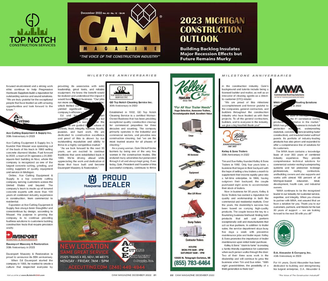 GDTopNotch's tweet photo. Good Morning Everyone, 

GD Top Notch has been featured in CAM Magazine 2023 Michigan Construction Outlook🥳🚧🎉🎊 

Our hard work has been noticed and appreciated by many💚
#gdtopnotchcleaning #constructioncleanupservices #constructionservices #gtopnotch #cammagazine https://t.co/T3vV7G2noI