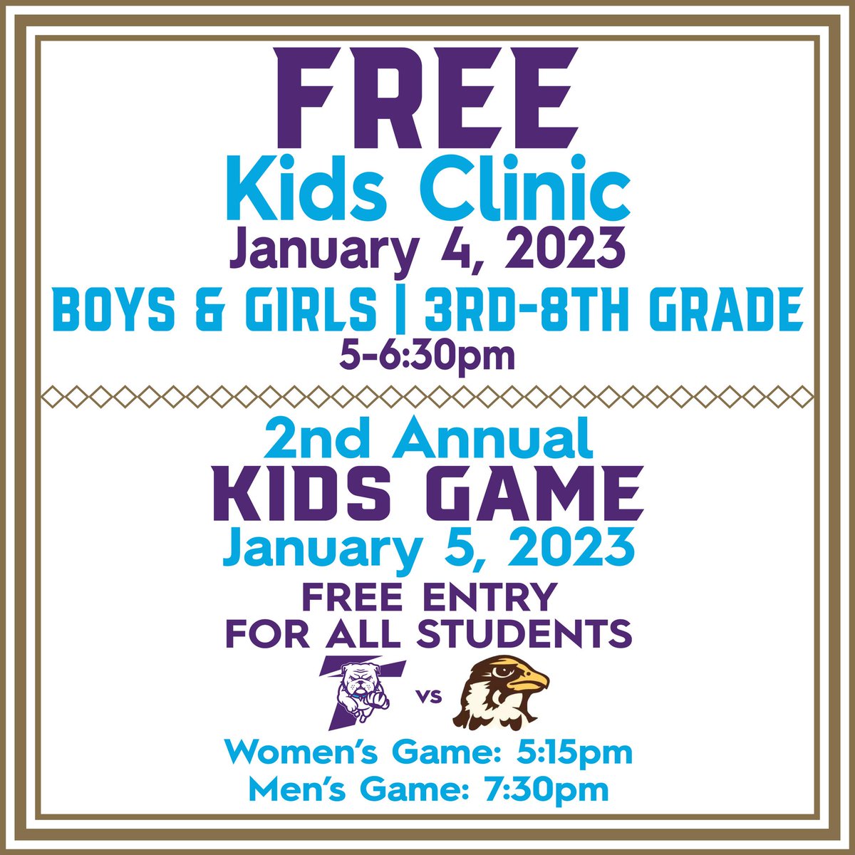 Get registered for the MBB &amp; WBB FREE Kids Basketball Clinic on 1/4/23! 
We're looking for all boys &amp; girls in 3rd-8th grade to show up!! 
For more info, go to trumanwbbcamps.com

And on 1/5/23 make sure to be in attendance for our KIDS GAME! 
FREE entry to ALL students!!