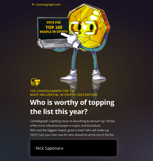 DiviProject's tweet photo. Hello again community,
We have another vote to participate in. Go here https://t.co/vJVTVB7T1r and vote for our CEO @NSapProductions to be included in @Cointelegraph's top 100 people of 2023.
#VoteForNick โ
https://t.co/bPB0HRRnhr
