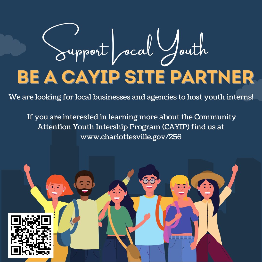 CAYIPCville's tweet photo. Interested in mentoring a local youth in your agency or business? We would love for you to join us as an internship host site! For info about CAYIP and being a partner: https://t.co/FiFSYWrPFT
#engagedcommunity #empoweredyouth #Charlottesville #teens #internship #bettertogether https://t.co/1Rv9ljJDX0