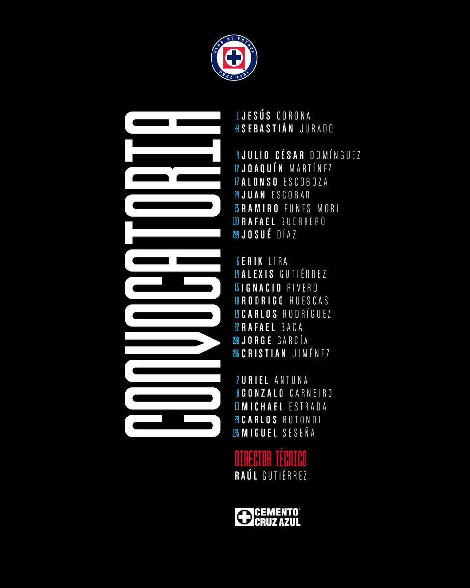 CruzAzul's tweet photo. 2️⃣2️⃣ jugadores para buscar el pase a la final de la Copa por México. 

2️⃣2️⃣ jugadores que lo van a dar todo esta noche. 

Estos son los jugadores convocados por el profesor Raúl Gutiérrez.

#AzulDePorVida https://t.co/kEMMilGhlj
