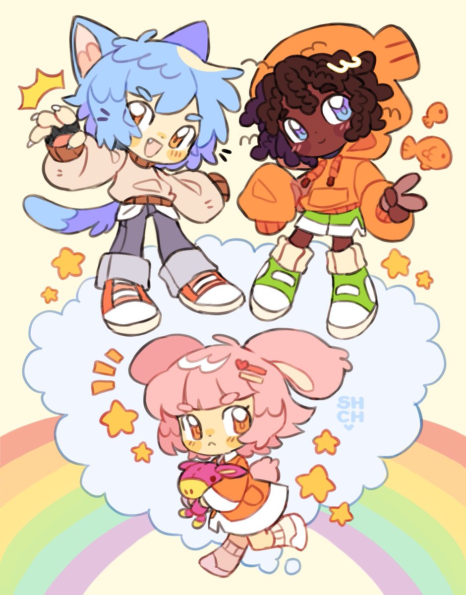 multiple girls dark skin hood animal ears pink hair star (symbol) rainbow  illustration images