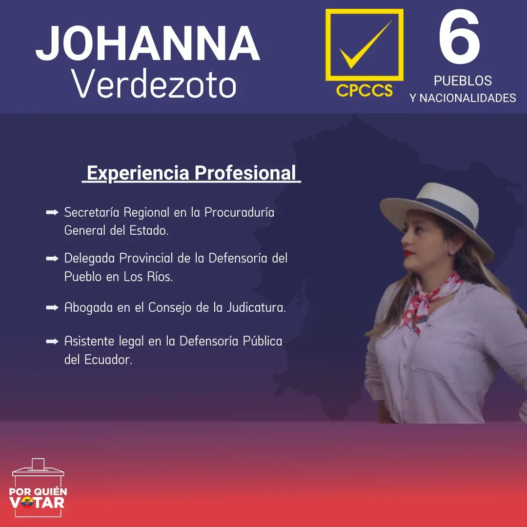 porquienvotarec's tweet photo. Conoce un poco más de esta candidata @ivoverdezoto 👇

¿Conocías a esta candidata que se está postulando al CPCCS?

 #lamejoropcion #votabien #rankingec #cpccs #elecciones2023  #porquienvotarec #montubia #participaciónpolítica #votabien #PueblosyNacionalidades https://t.co/HrepqHJlmP