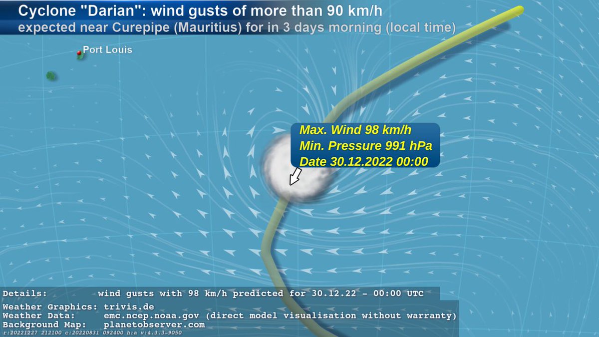 ASKMeteo's tweet photo. We also follow Cyclone "#Darian". EMC GFS data contains #weather of type "#StrongWind" with wind gusts of more than 90 km/h near #Curepipe (#Mauritius) for in 3 days morning given in local time. The wind gusts with 98 km/h are expected for 30.12.22 - 00:00 UTC. https://t.co/brGY44Gahh