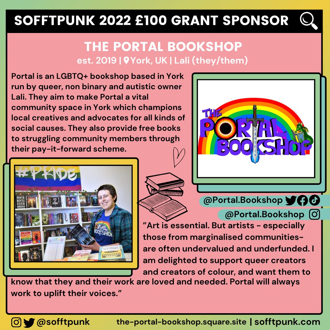 sofftpunk's tweet photo. last year, on top of sponsoring a £100 grant ourselves, we had the honour of inviting on some incredible businesses to cosponsor a total of six £100 grants and three £50 mini grants! these sponsors include; @Croatoandesign @PortalBookshop @ProudGeekStore @irisidium (3/11) https://t.co/jw0nQFjW8w