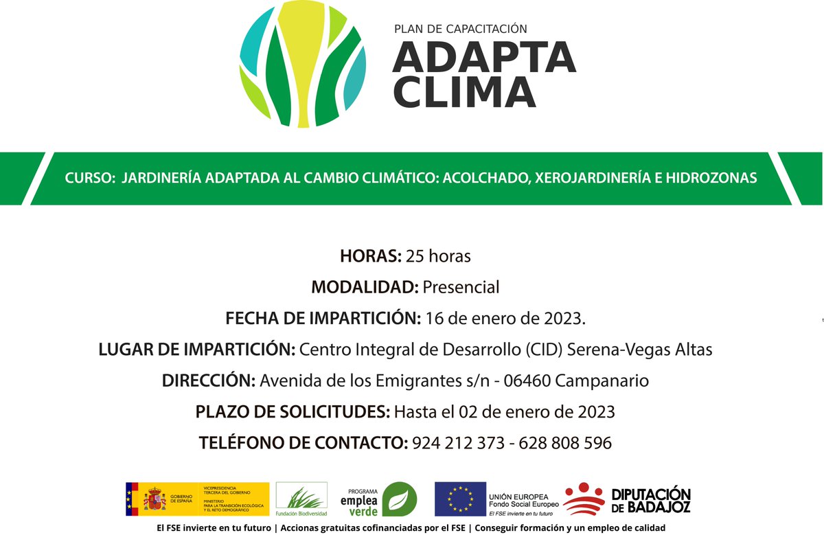 csea_lacocosa's tweet image. 🔔 ABIERTO PLAZO DE SOLICITUDES para acción formativa en “Jardinería adaptada al cambio climático: acolchado, xerojardinería e hidrozonas” 🥀🌹 en #Monesterio y #Campanario hasta el 2 de enero.

☎️ mmpla@dip-badajoz.es - 924 212 373

#ProgramaEmpleaverde @FBiodiversidad #ODSADRS