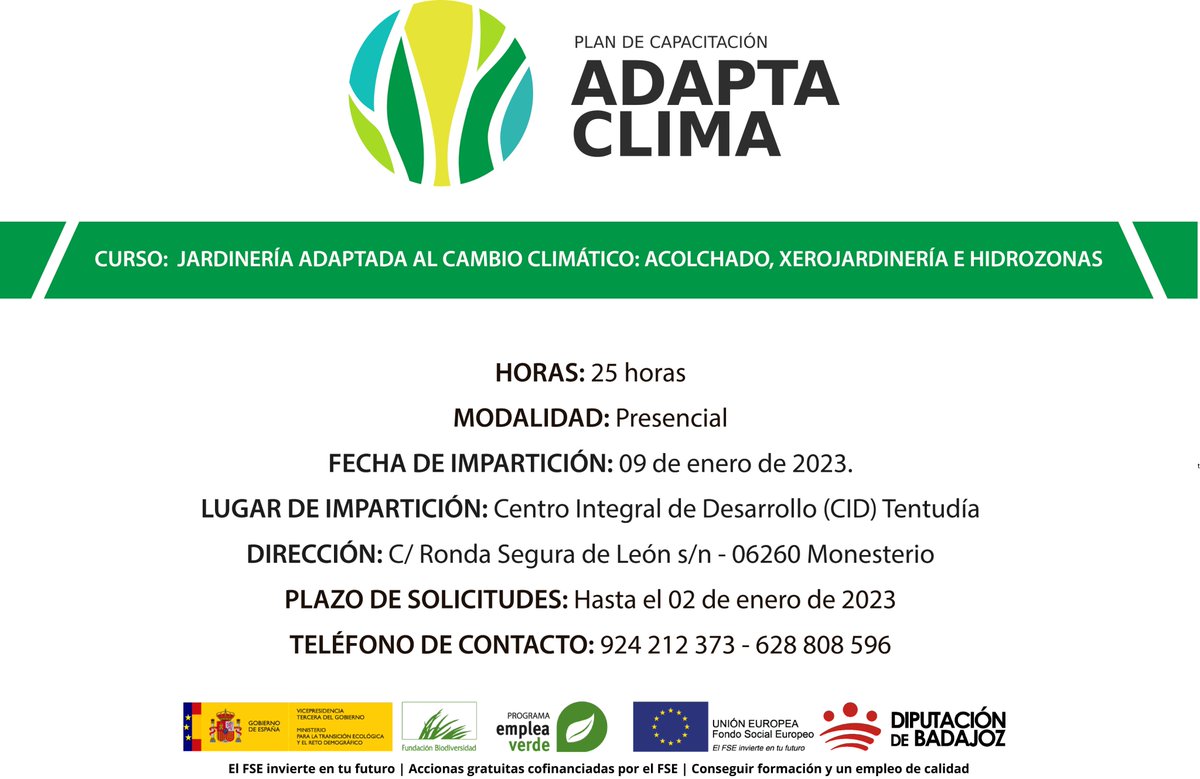 csea_lacocosa's tweet image. 🔔 ABIERTO PLAZO DE SOLICITUDES para acción formativa en “Jardinería adaptada al cambio climático: acolchado, xerojardinería e hidrozonas” 🥀🌹 en #Monesterio y #Campanario hasta el 2 de enero.

☎️ mmpla@dip-badajoz.es - 924 212 373

#ProgramaEmpleaverde @FBiodiversidad #ODSADRS