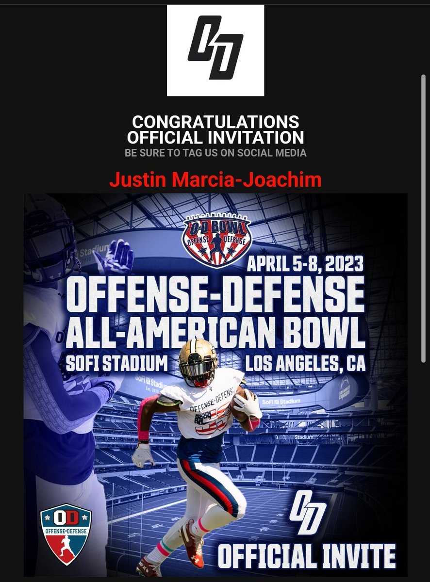 Justin_Marcia13's tweet photo. Thank You @ODFootballCamps for the invite. I am more than grateful to have the opportunity to showcase my talent and skills. I can't wait to go LA 🌴☀️ and represent what Long Island football has to offer. God is good. 🙌🏿 #Backtocali #tuesdayvibe https://t.co/E54vjNc4Sf