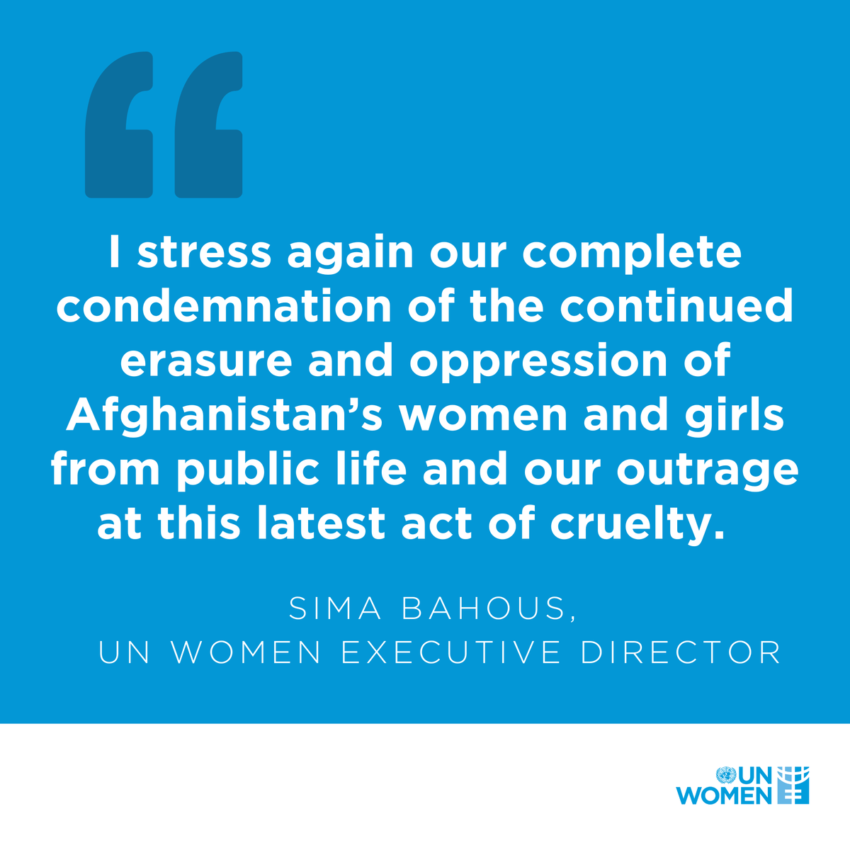 The decree barring women from working in non-governmental NGOs is yet another stark violation of women’s rights. We strongly condemn this without reservation & stand in full solidarity with the women & girls of #Afghanistan. Read @unwomenchief statement: unwo.men/x21q50McY1b