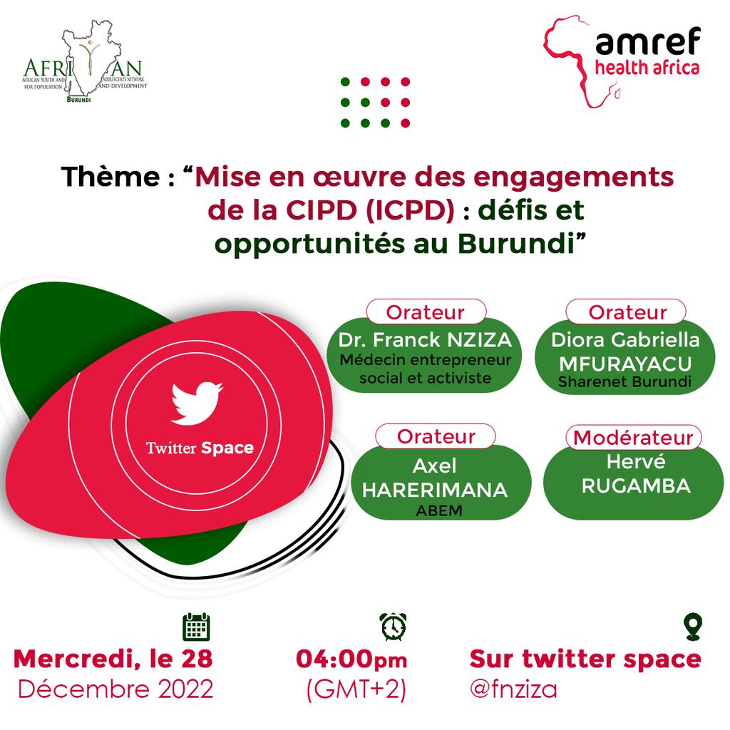 FNZIZA's tweet photo. Quoi de mieux pour un activiste en #SRHR que faire le bilan de l'évolution d'une politique?Je serai avec @HRugamba_ @Axelharera de @abem_burundi & @gab___riella de @sharenetburundi pour discuter de l'évolution de la mise en œuvre de l' #ICPDcommitments 28 ans après #Cairo Join us https://t.co/C7RlHAeFvy