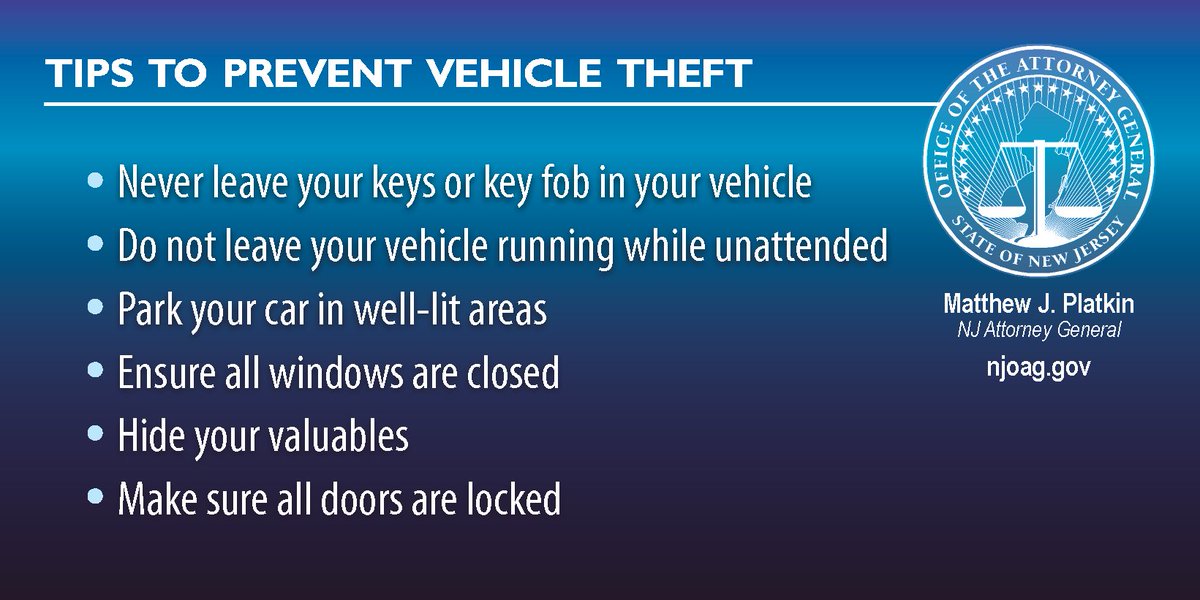 NewJerseyOAG's tweet photo. Looking for a New Year's Resolution? You can start by following these common-sense tips to keep your vehicle safe in 2023 - like always removing the key fob from your car to prevent thieves from easily driving off with it and using it to commit more serious crimes. https://t.co/tCLh7Rn1mD