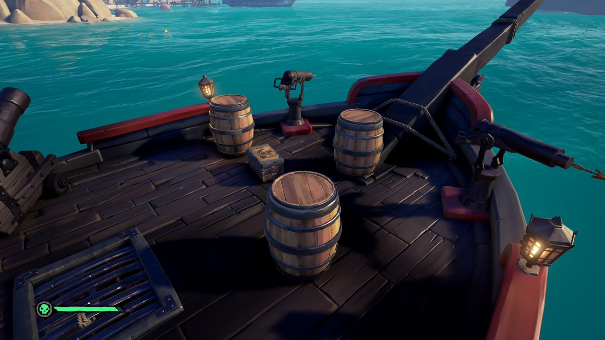 grythiak's tweet photo. My last two outings on the seas have been pleasant. Today, 2 galleons sent all 8 players to see what I was doing. I ran, then went to check in after selling my loot. 2 of them came over. Gave them my storage crate and supplies. Got a group pic. https://t.co/eJZGWcnprJ