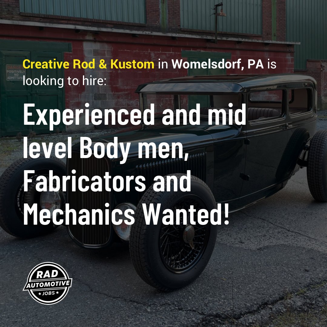 RadAutoJobs's tweet image. Creative Rod &amp;amp; Kustom in Womelsdorf, PA is looking to hire: Experienced and mid level Body men, Fabricators and Mechanics Wanted!

Apply for this job and see more Rad Automotive Jobs at radautomotivejobs.com

#hotrodjobs #customcars #hotrods #restomods #gearhead #automotivejobs