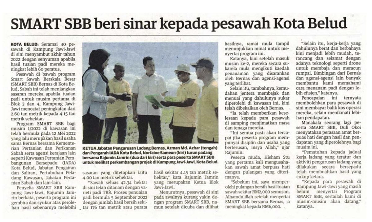 BernasOfficial's tweet photo. Seramai 40 pesawah di Kampung Jawi-Jawi di sini menyambut akhir tahun 2022 dengan senyuman apabila hasil tuaian padi mereka meningkat lebih 60 peratus.
#BERNAS #KesejahteraanuntukSemua #NourishingtheNation #SMARTSBB #ProgramKITA #KotaBelud #Sabah #Malaysia https://t.co/bLRUqSg0hU