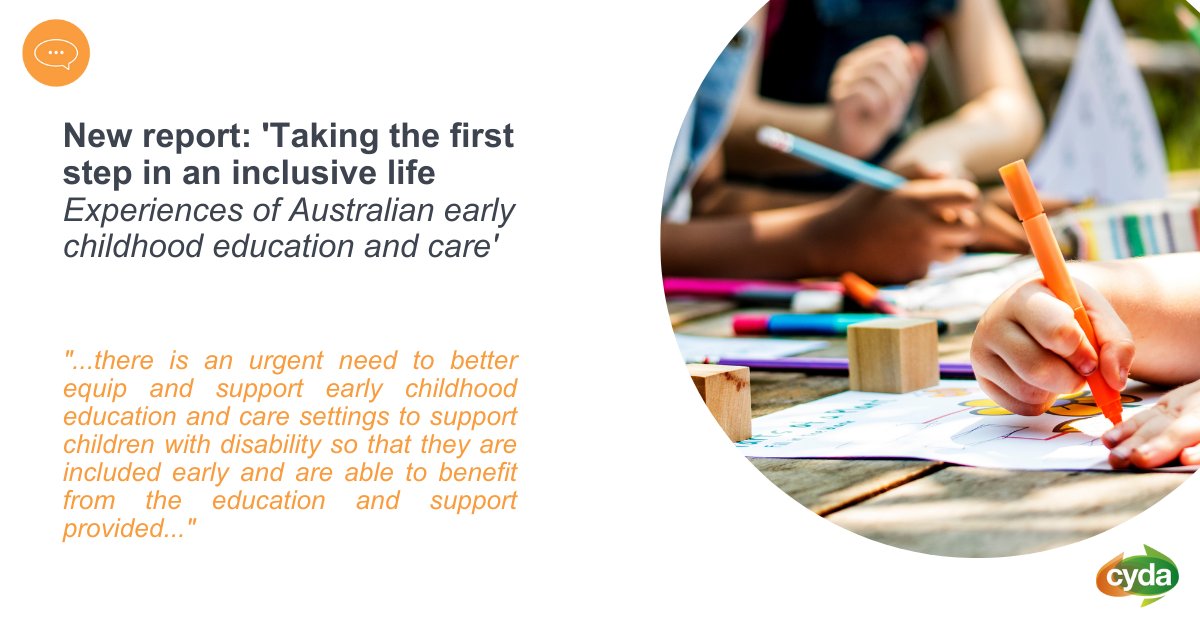 CydaAu's tweet photo. Report: 'Taking the first step in an inclusive life: Experiences of Australian early childhood education and care'
https://t.co/xaIl4ozXs4 #IncludeUsFromTheStart https://t.co/4SS2k3FbPf