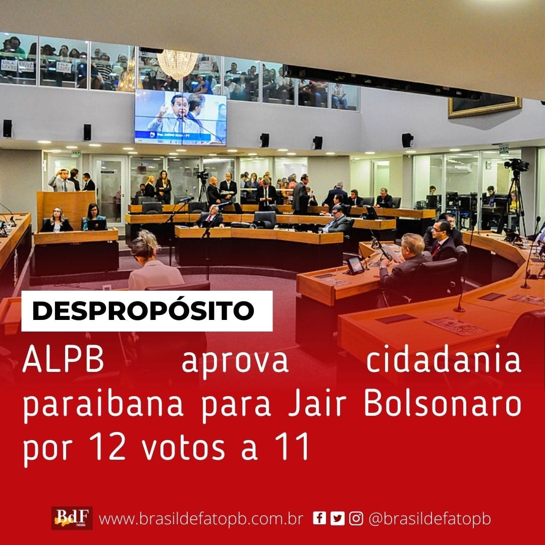 brasildefatopb's tweet photo. *DESPROPÓSITO | ALPB aprova cidadania paraibana para Jair Bolsonaro por 12 votos a 11*

_Proposta é de autoria dos deputados Wallber Virgolino e Cabo Gilberto, filiados ao mesmo partido de Jair_

https://t.co/JwfiijmfCJ https://t.co/znrZ9snNzN