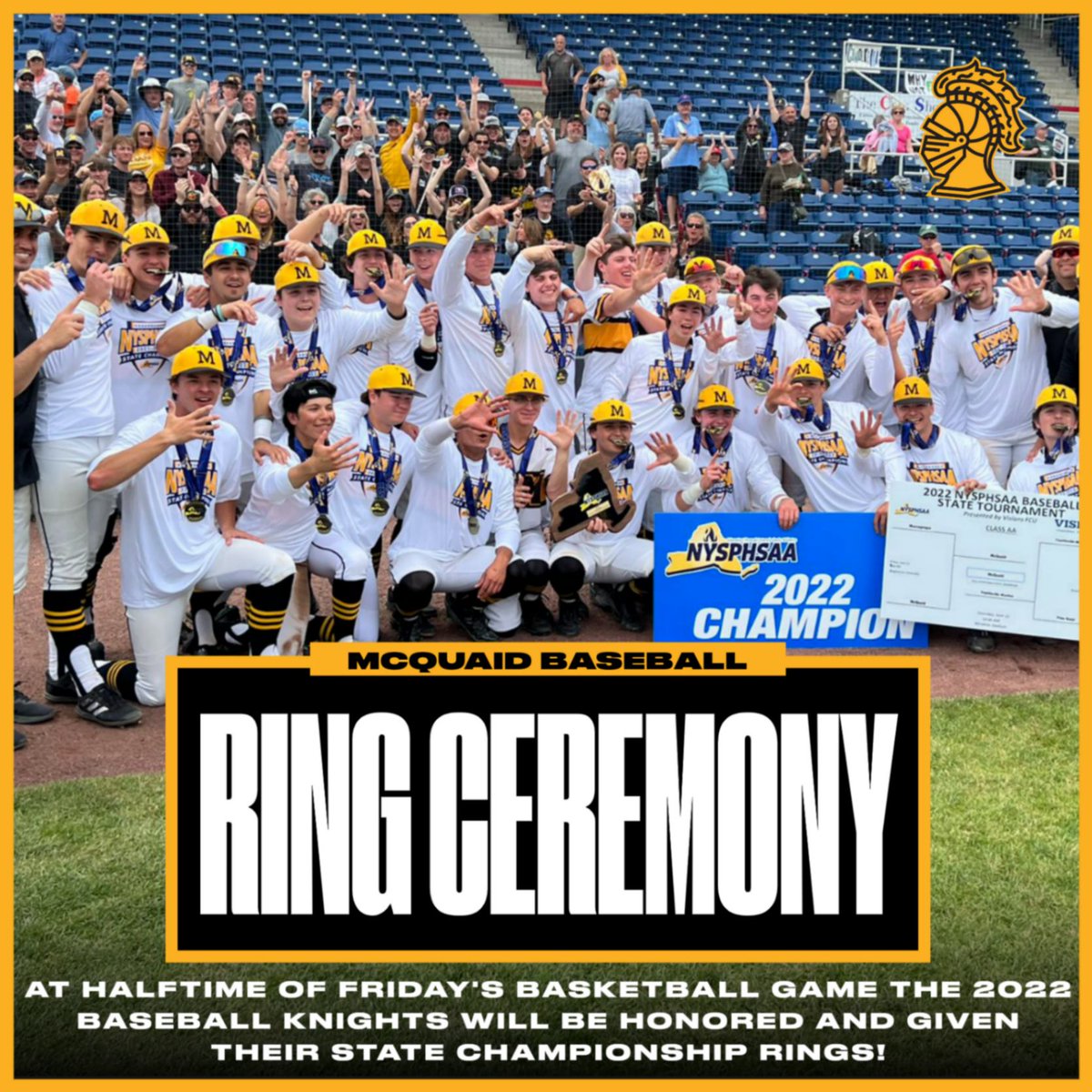 2022 State Champion Baseball Knights will be honored at halftime of this Friday's home basketball game. Game is slated to start at 6:00pm so the ceremony will be around 6:45. Come out and celebrate the great team, and enjoy a great basketball game! <a href="/mcquaidjesuit/">McQuaid Jesuit</a> <a href="/mcquaidbaseball/">McQuaid Baseball</a>