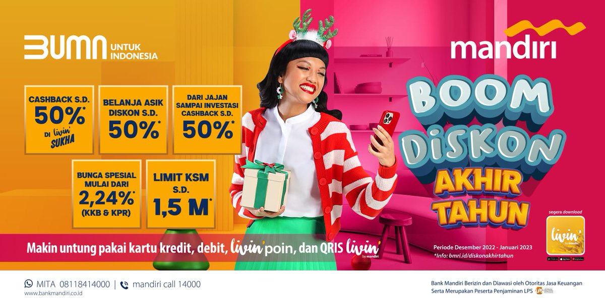 Belanja akhir tahun pake Bank Mandiri, siap siap deh kalap karena banyak diskon nyaaa!
#BoomDiskonAkhirTahun