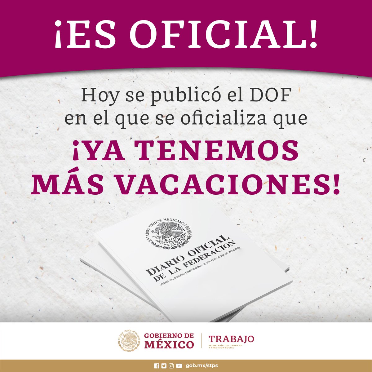 STPS_mx's tweet image. ¡Es oficial!

Ya se publicó en el @DOF_SEGOB el decreto por el que se duplican, de 6 a 12 días, las vacaciones mínimas en #México:

dof.gob.mx/nota_detalle.p…

¡A partir del 1 de enero las #VacacionesDignas serán parte de la #NuevaRealidadLaboral!