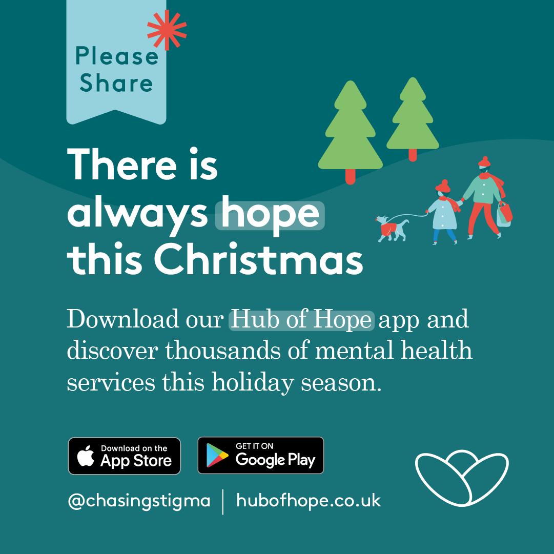PLEASE SHARE // There is always HOPE this Christmas

Download our HUB OF HOPE app + discover thousands of mental health services this holiday season.

📱 Available on Apple App Store + Google Play → hubofhope.co.uk  // Link in bio <a href="/chasingstigma/">Chasing the Stigma</a>